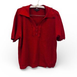 Adrienne Papell Short Sleeved Sweater Sz Large V-neck Red Raw Hem